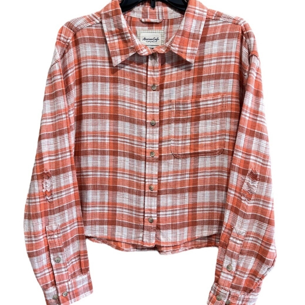 American Eagle Orange and Cream Plaid Shirt
